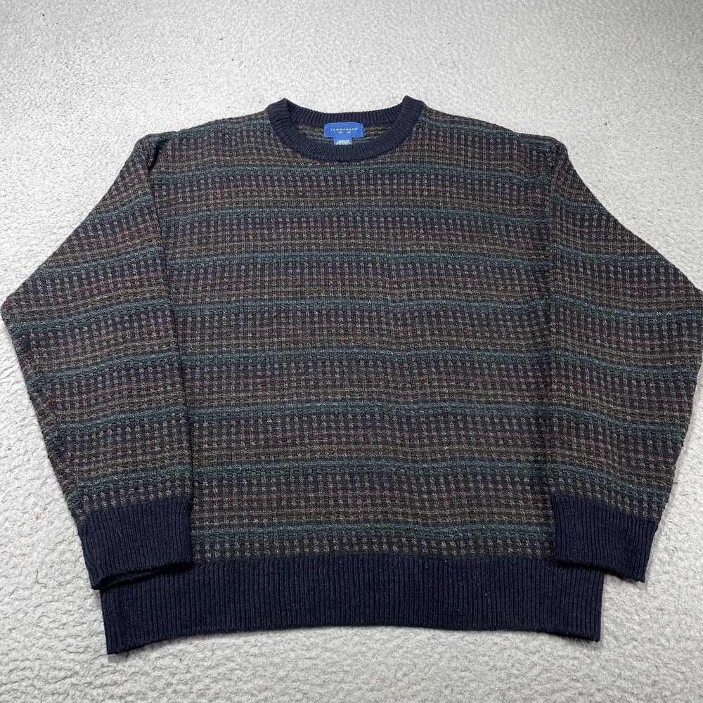Vintage TownCraft Sweater Mens Medium‎ Blue Stripe Knit Crewneck Pullover 90s